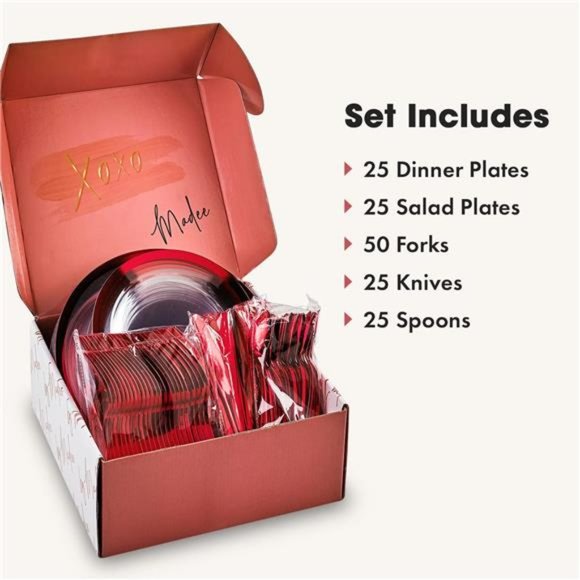 Heavyweight Red Plastic Plate Set|150PCS for 25Guests|Clear Plates with Red Trim - Picture 4 of 7